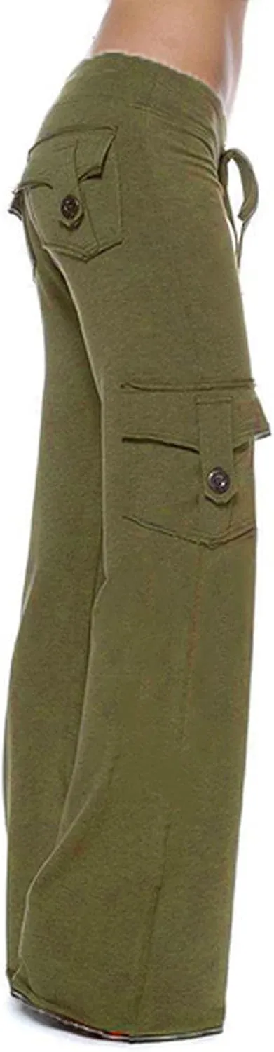 Womens Cargo Pants High Waist Wide Leg Pants with Pockets Casual Button Stretch Yoga Workout Leggings Gym Sweatpants