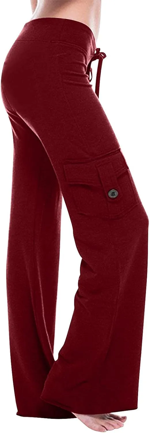 Womens Cargo Pants High Waist Wide Leg Pants with Pockets Casual Button Stretch Yoga Workout Leggings Gym Sweatpants