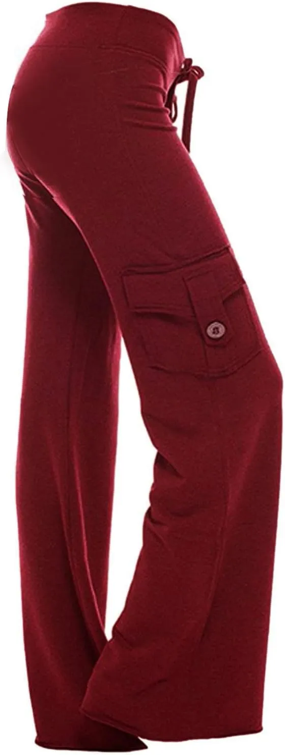 Womens Cargo Pants High Waist Wide Leg Pants with Pockets Casual Button Stretch Yoga Workout Leggings Gym Sweatpants