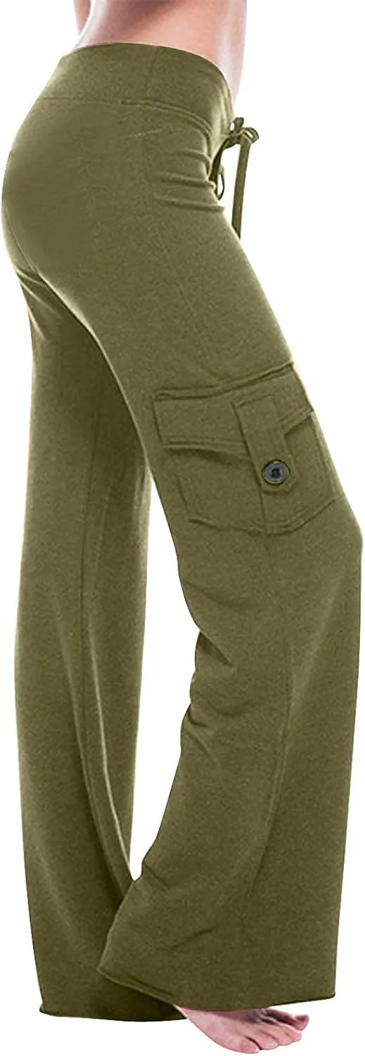 Womens Cargo Pants High Waist Wide Leg Pants with Pockets Casual Button Stretch Yoga Workout Leggings Gym Sweatpants
