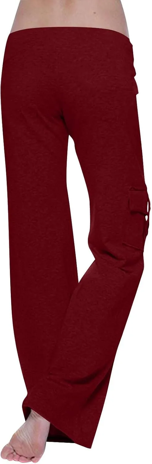 Womens Cargo Pants High Waist Wide Leg Pants with Pockets Casual Button Stretch Yoga Workout Leggings Gym Sweatpants