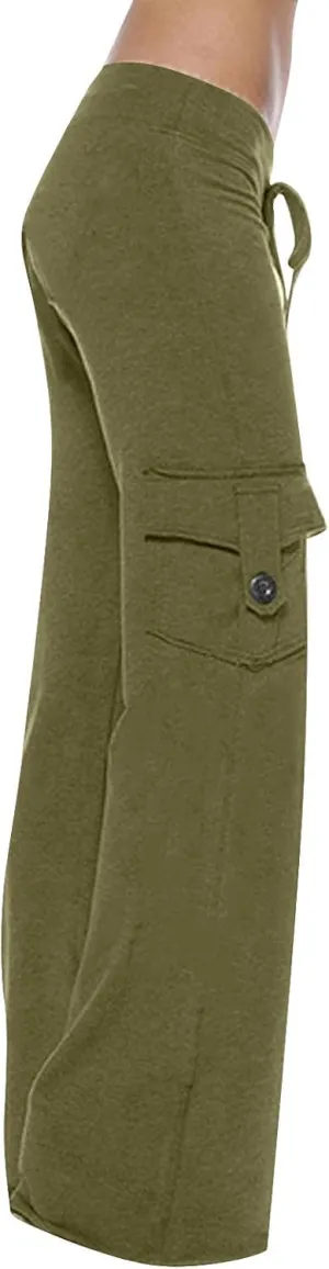 Womens Cargo Pants High Waist Wide Leg Pants with Pockets Casual Button Stretch Yoga Workout Leggings Gym Sweatpants