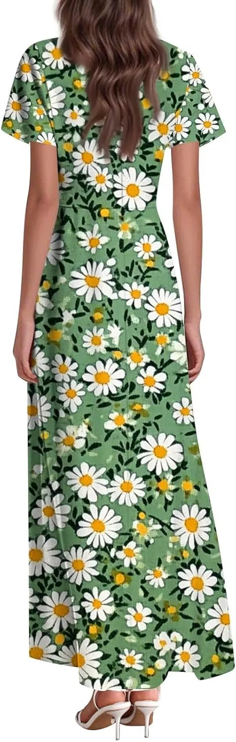 Women's Casual A-Line Dresses 2025 V Neck Short Sleeve Dress Empire Waist Boho Summer Sundress