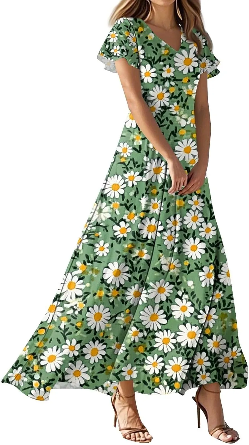 Women's Casual A-Line Dresses 2025 V Neck Short Sleeve Dress Empire Waist Boho Summer Sundress