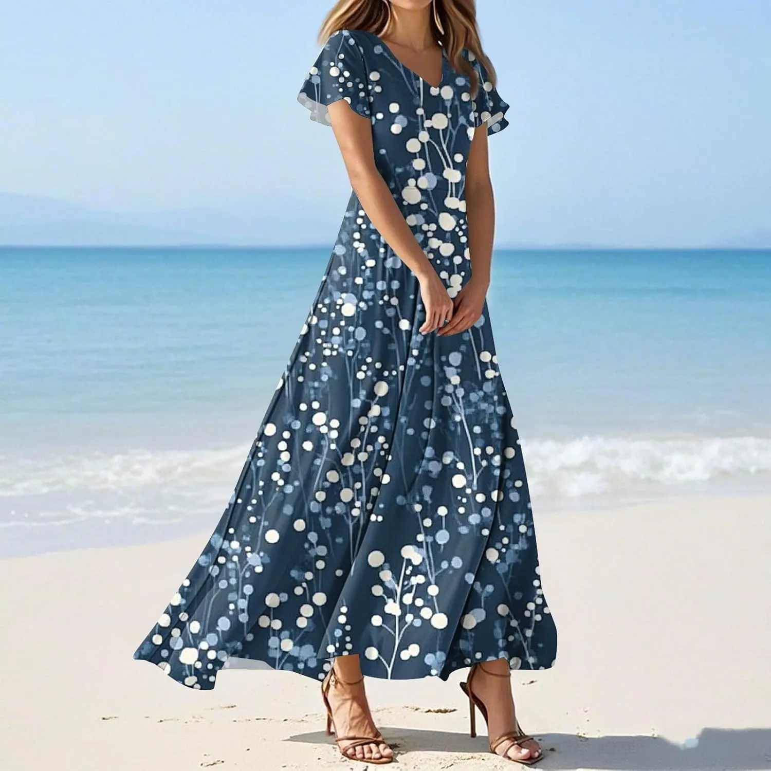 Women's Casual A-Line Dresses 2025 V Neck Short Sleeve Dress Empire Waist Boho Summer Sundress