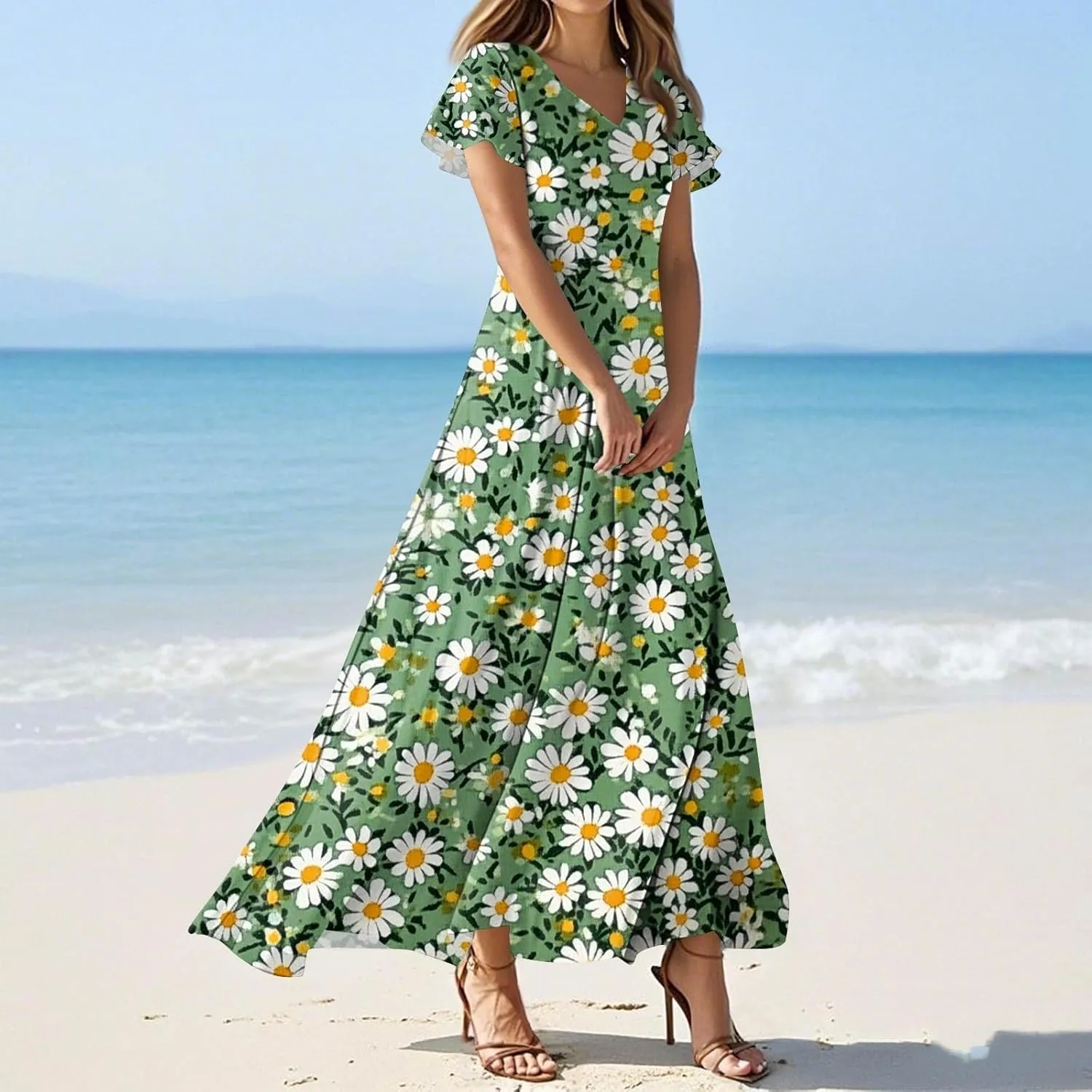 Women's Casual A-Line Dresses 2025 V Neck Short Sleeve Dress Empire Waist Boho Summer Sundress