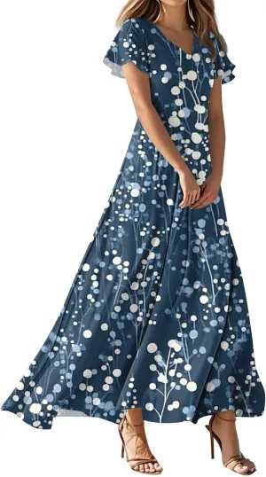Women's Casual A-Line Dresses 2025 V Neck Short Sleeve Dress Empire Waist Boho Summer Sundress