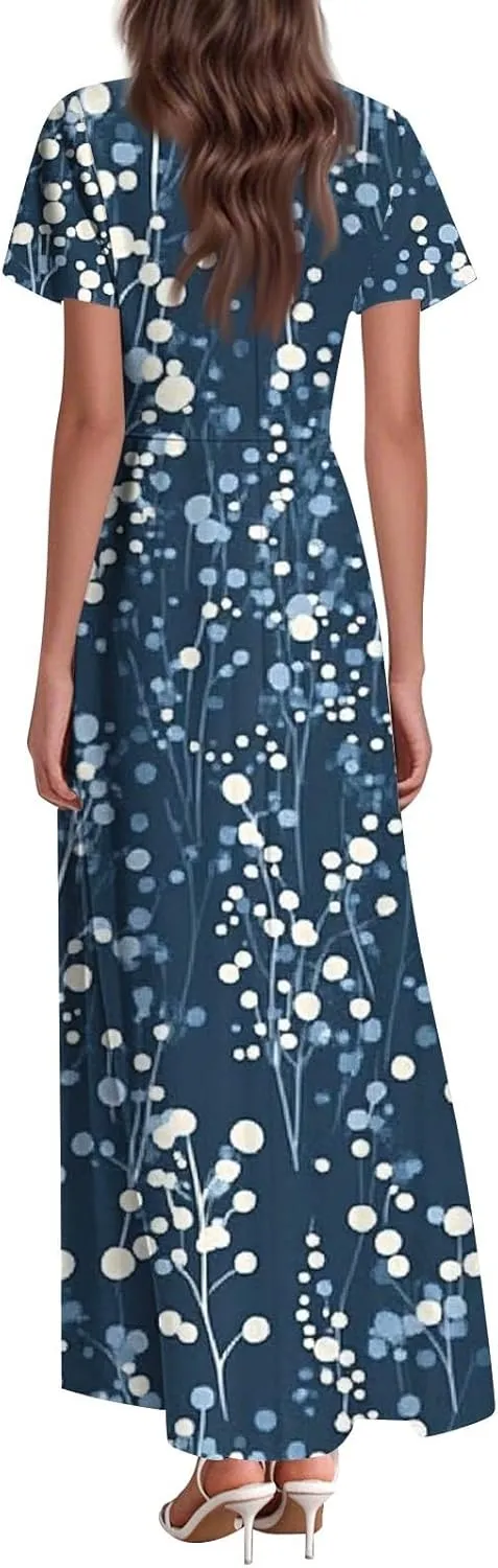 Women's Casual A-Line Dresses 2025 V Neck Short Sleeve Dress Empire Waist Boho Summer Sundress