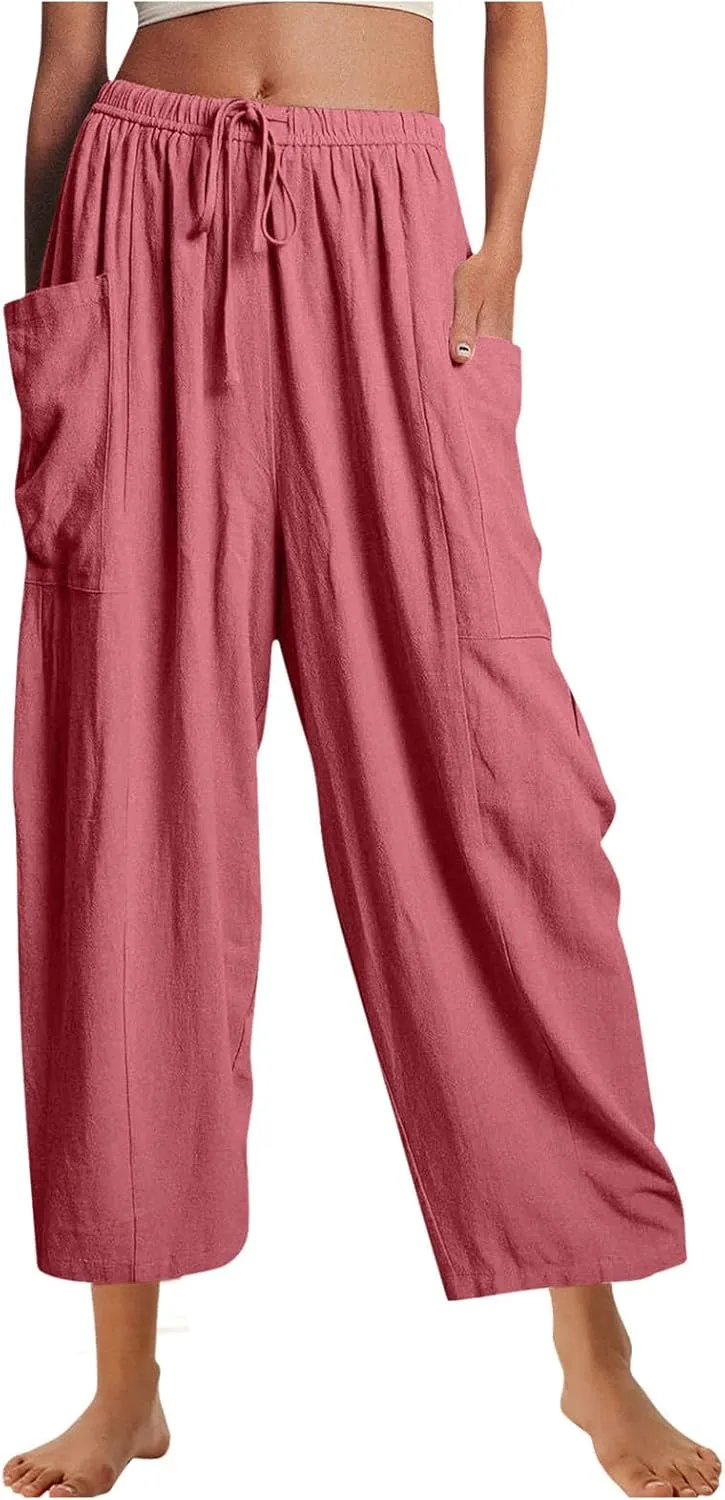 Women's Casual Baggy Pants Boho Harem Pants Loose Travel Pants Drawstring Beach Pants Comfy Summer Pants Trousers