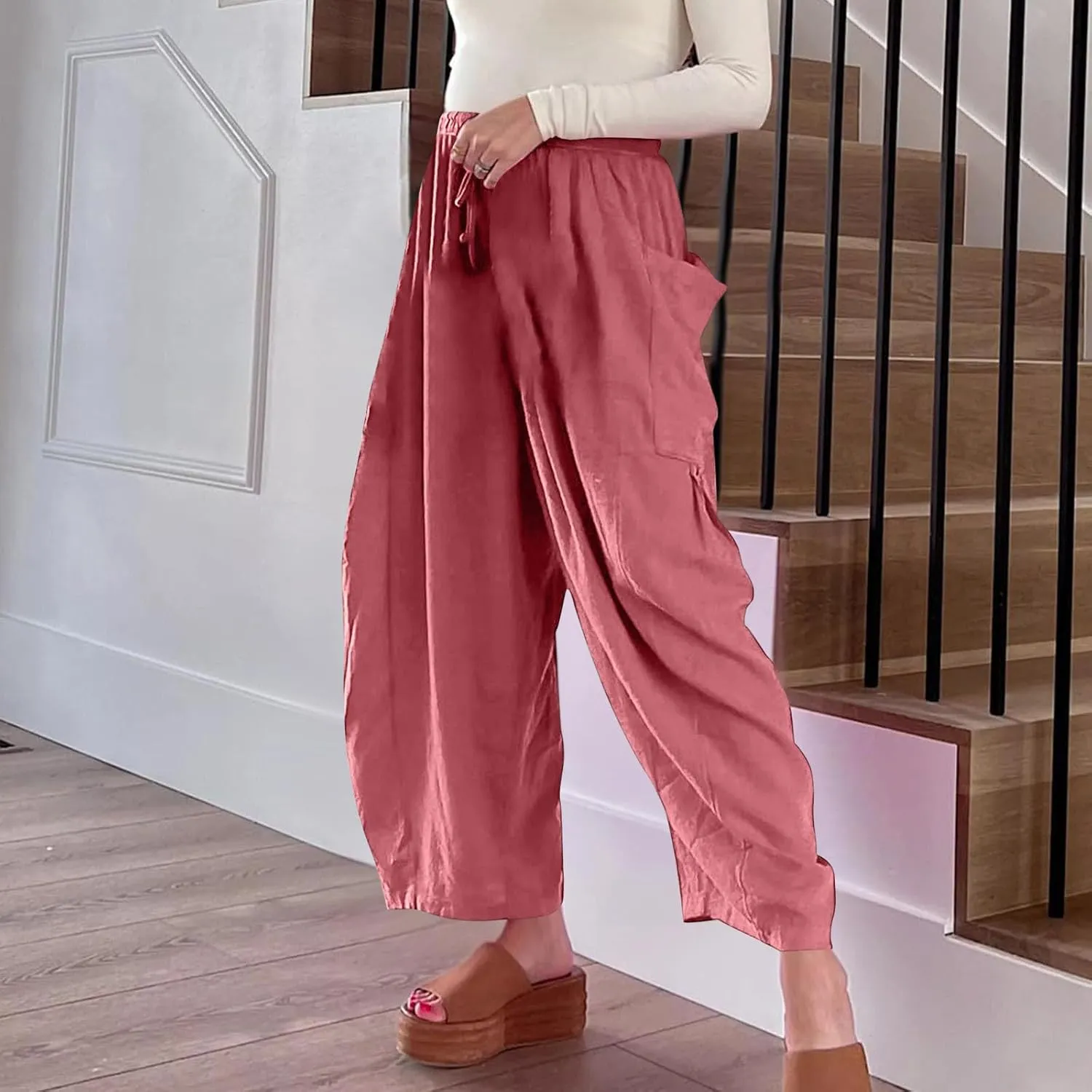 Women's Casual Baggy Pants Boho Harem Pants Loose Travel Pants Drawstring Beach Pants Comfy Summer Pants Trousers