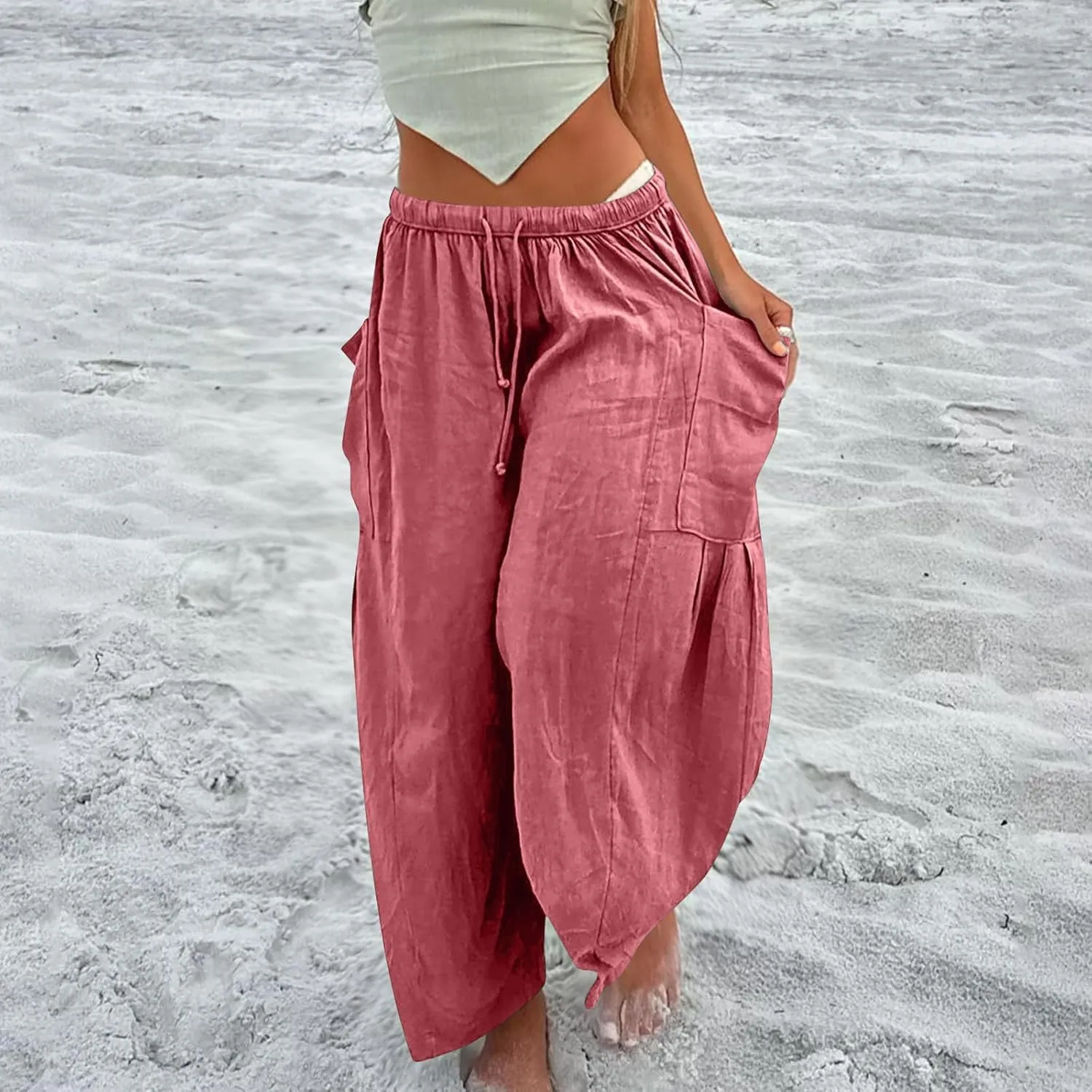 Women's Casual Baggy Pants Boho Harem Pants Loose Travel Pants Drawstring Beach Pants Comfy Summer Pants Trousers