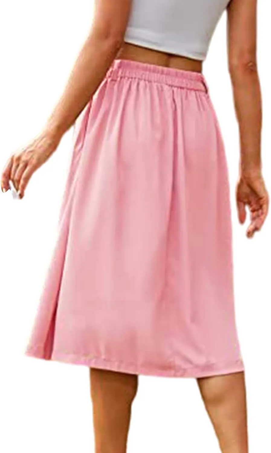 Women's Casual Button Down Midi Skirts Spring Summer High Waist A Line Knee Length Flowy Flared Pleated Skirts S-2XL