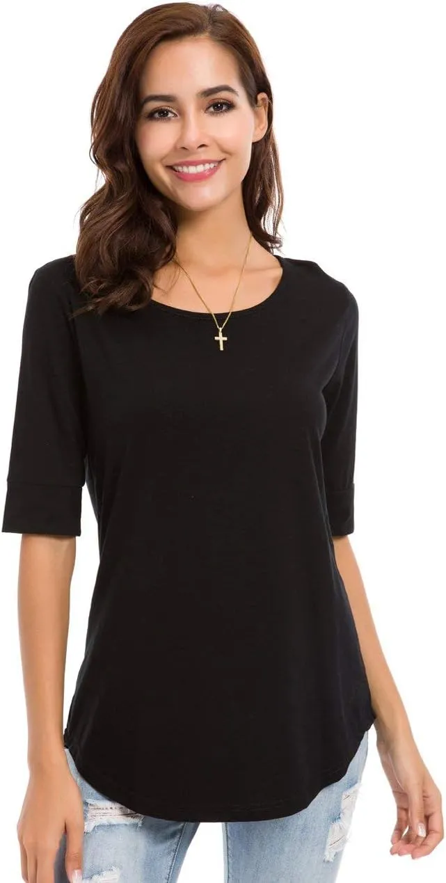 Women's Casual T Shirts Cotton Mid Sleeve Summer Basic Tunics Tee Tops Fashion