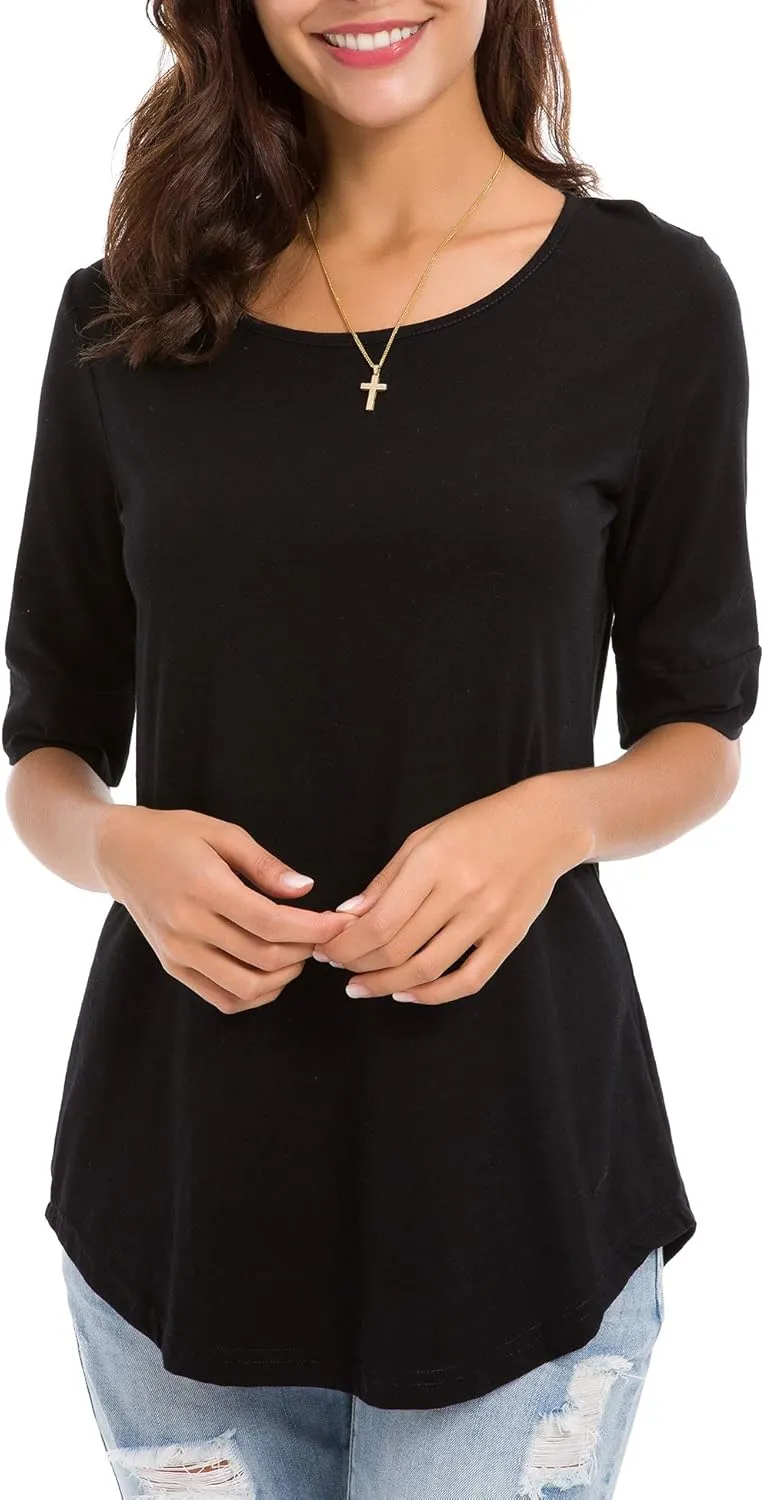 Women's Casual T Shirts Cotton Mid Sleeve Summer Basic Tunics Tee Tops Fashion