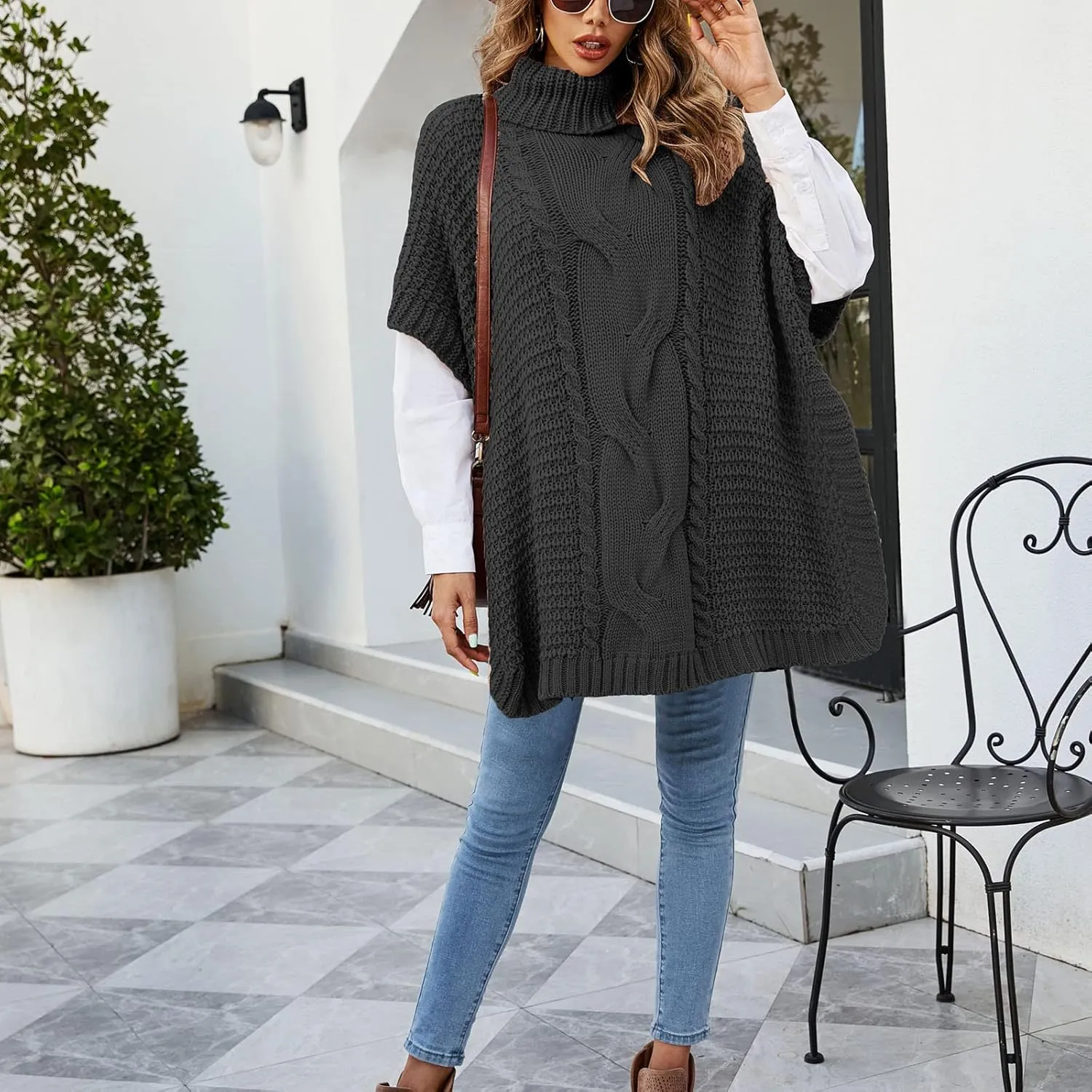 Women's Casual Turtleneck Sweater Ladies Chunky Knitted Pullover Side Split Shirts Blanket Casual Knitwear Tunic