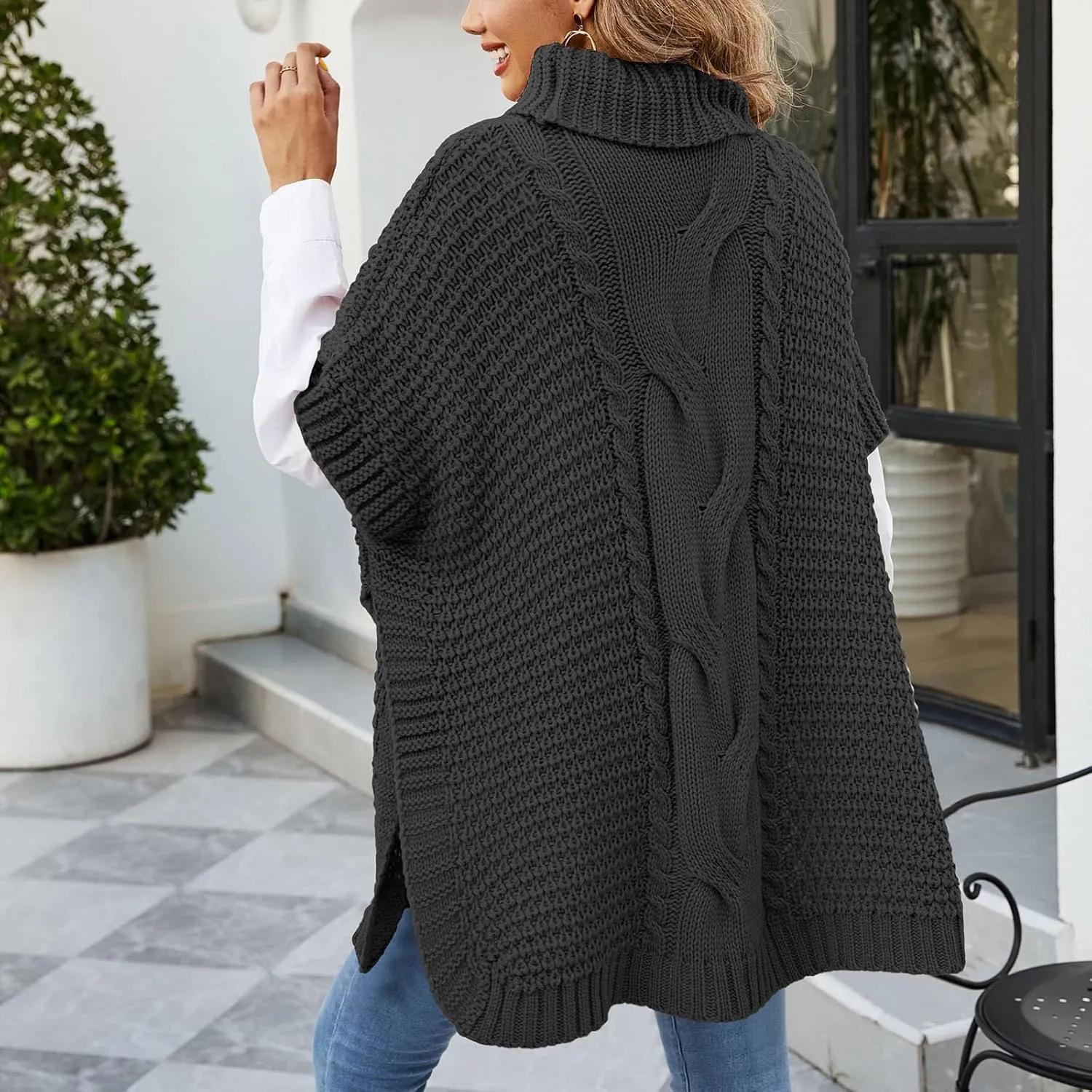 Women's Casual Turtleneck Sweater Ladies Chunky Knitted Pullover Side Split Shirts Blanket Casual Knitwear Tunic