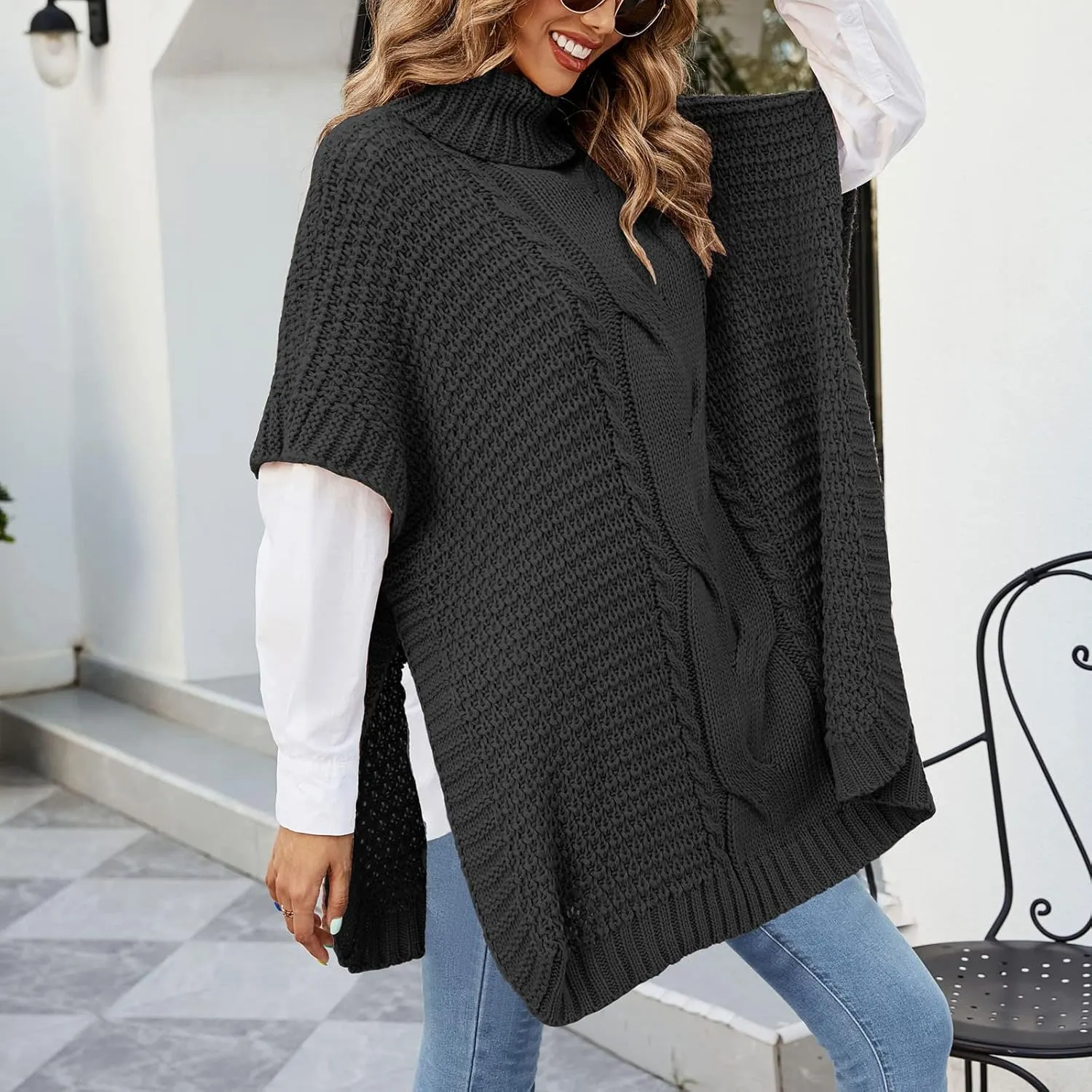 Women's Casual Turtleneck Sweater Ladies Chunky Knitted Pullover Side Split Shirts Blanket Casual Knitwear Tunic