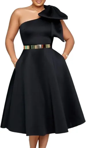 Women's Clothing 2024 Slanted Shoulder high Waist Tied Bow A-line Long Skirt Banquet Dress Big Swing Dress (Black   Belt,Large)