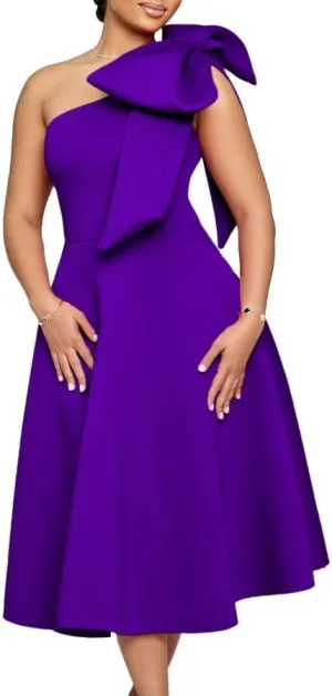 Women's Clothing 2024 Slanted Shoulder high Waist Tied Bow A-line Long Skirt Banquet Dress Big Swing Dress (Purple   Belt,Small)