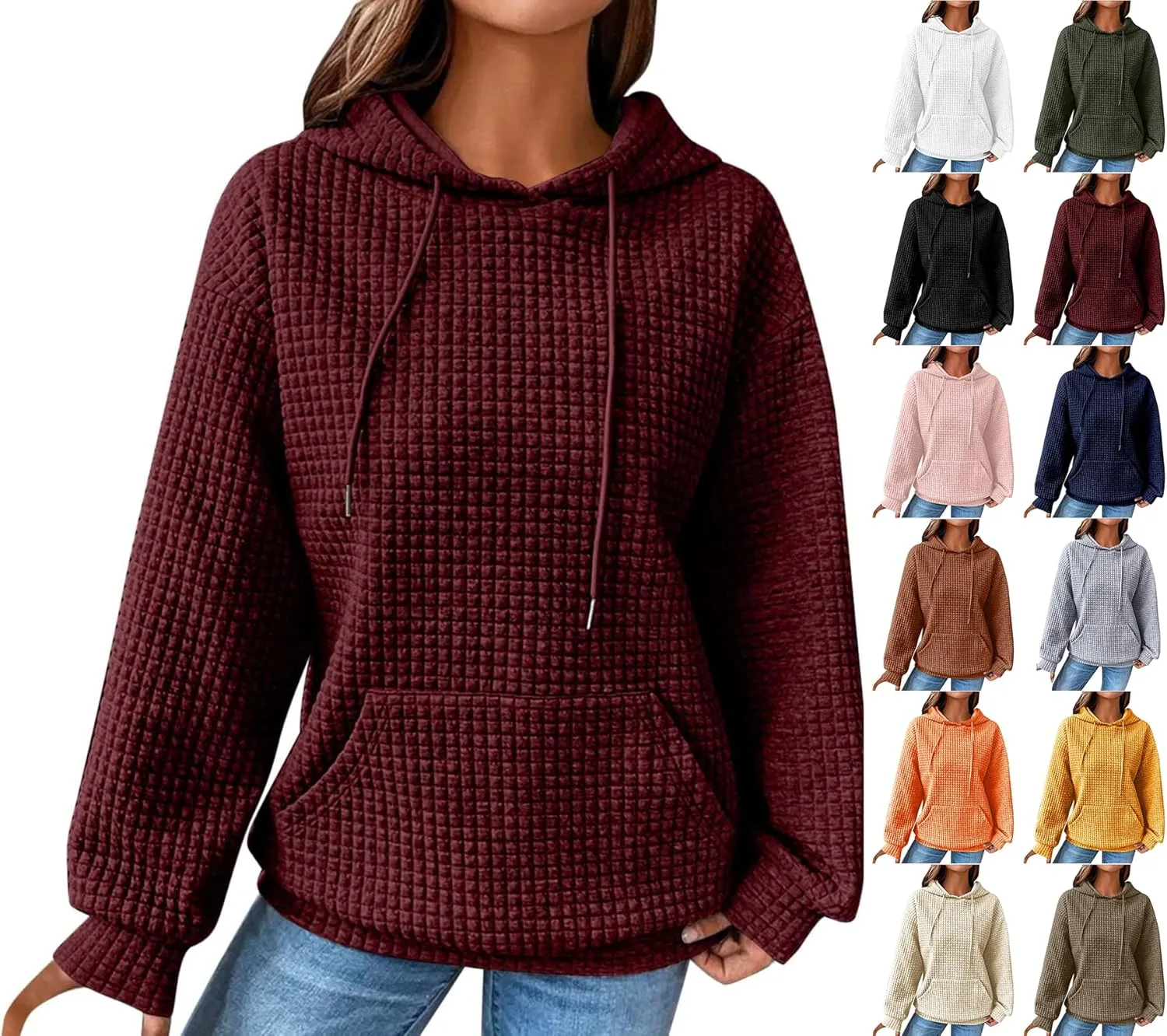 Womens Comfort Hoodies for Anxiety Casual Long Sleeve Drawstring Waffle Pullover Loose Hooded Sweatshirt with Pocket