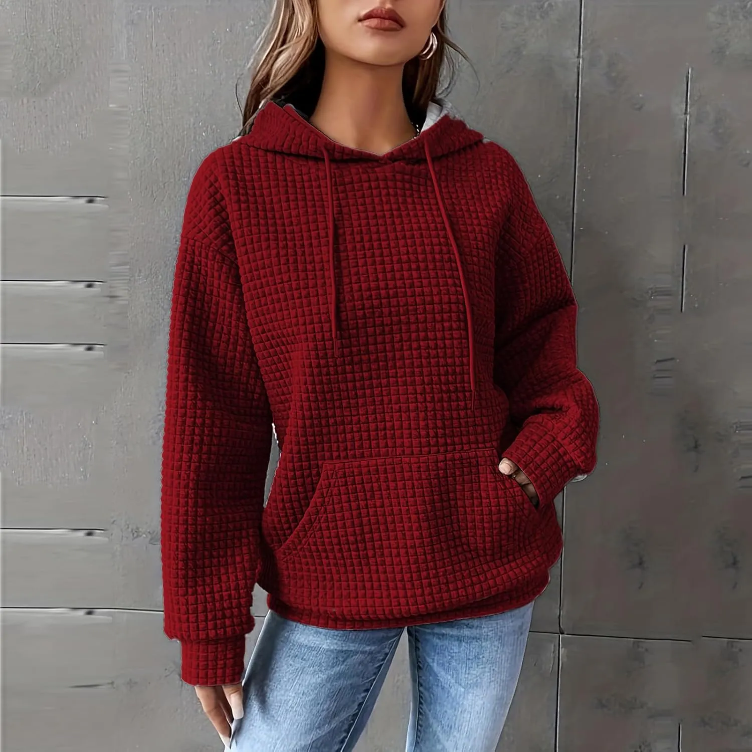 Womens Comfort Hoodies for Anxiety Casual Long Sleeve Drawstring Waffle Pullover Loose Hooded Sweatshirt with Pocket