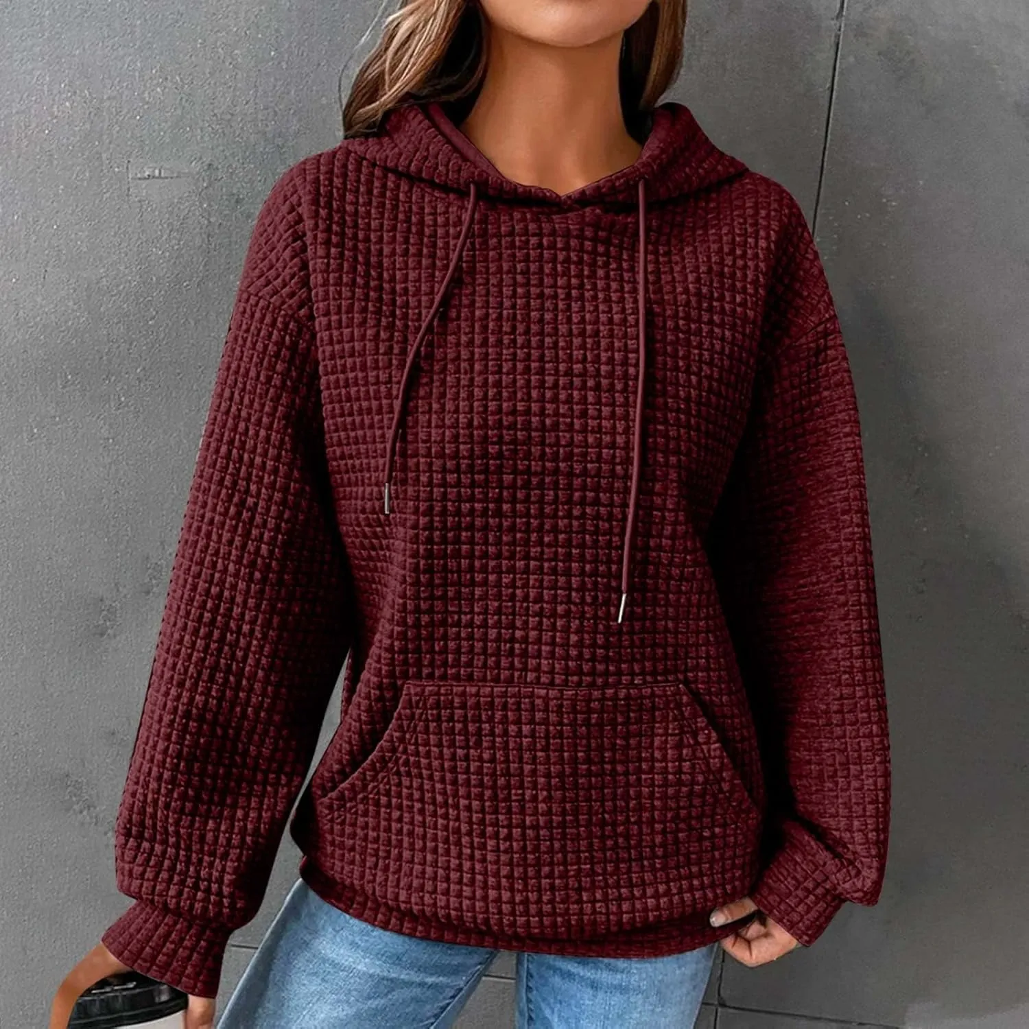 Womens Comfort Hoodies for Anxiety Casual Long Sleeve Drawstring Waffle Pullover Loose Hooded Sweatshirt with Pocket