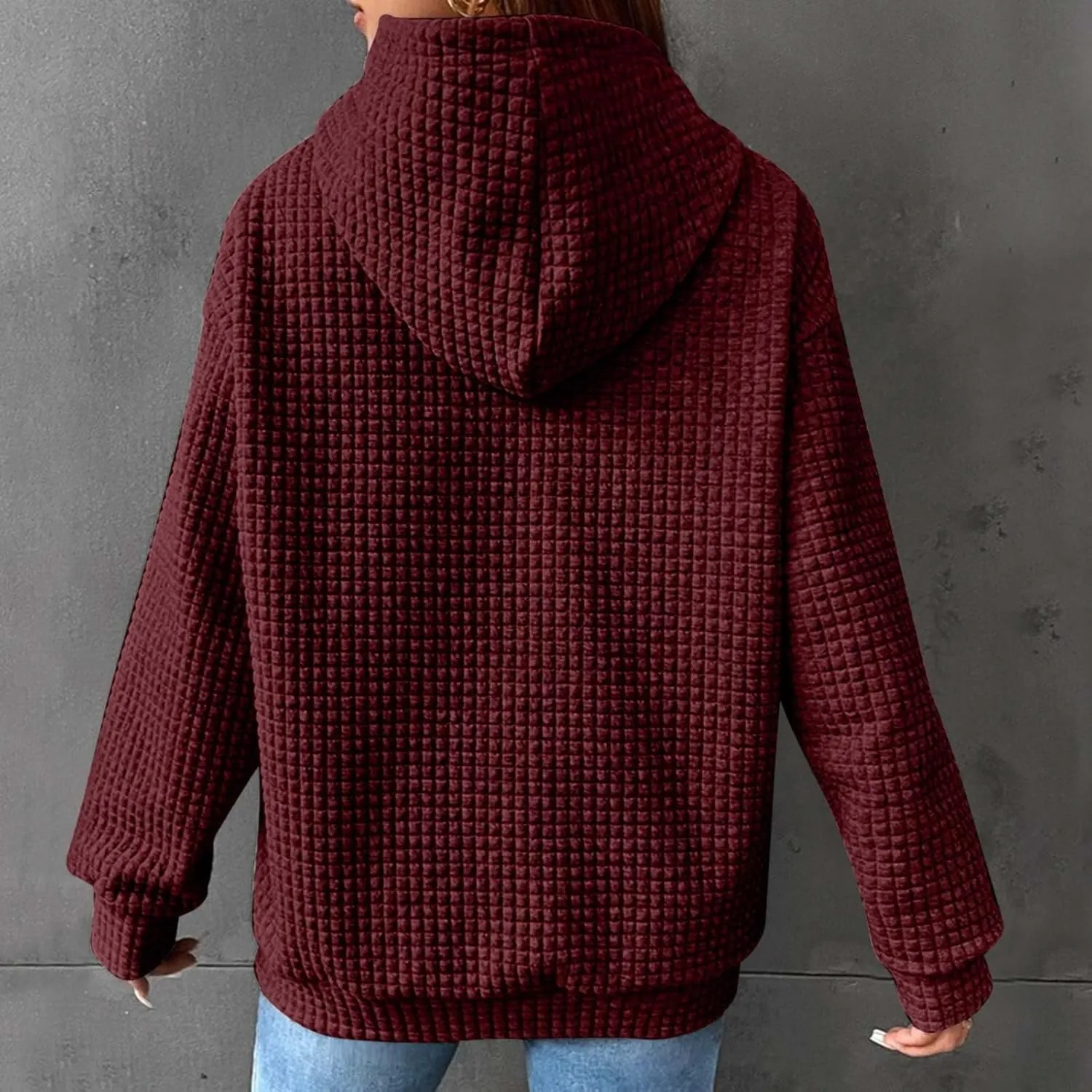 Womens Comfort Hoodies for Anxiety Casual Long Sleeve Drawstring Waffle Pullover Loose Hooded Sweatshirt with Pocket
