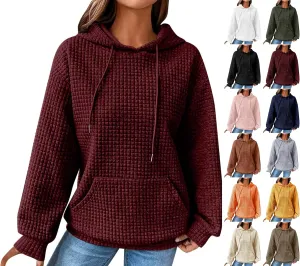 Womens Comfort Hoodies for Anxiety Casual Long Sleeve Drawstring Waffle Pullover Loose Hooded Sweatshirt with Pocket