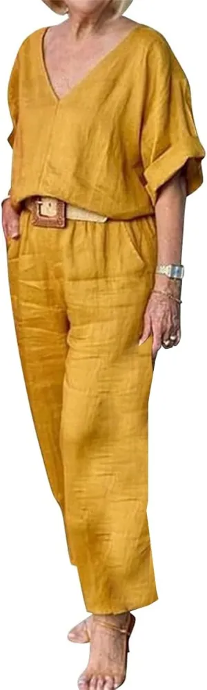 Women's Cotton and Linen Casual Two-Piece Set Summer Oversized Short Sleeve T Shirts V Neck Top Loose Capri Pant Sets