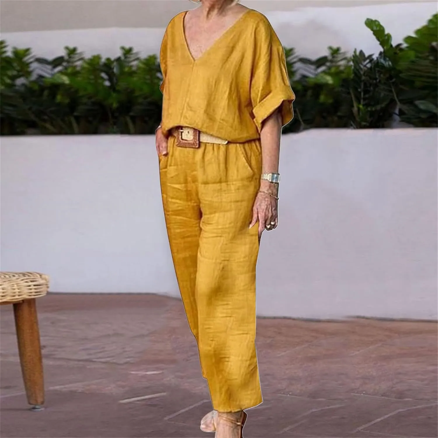 Women's Cotton and Linen Casual Two-Piece Set Summer Oversized Short Sleeve T Shirts V Neck Top Loose Capri Pant Sets