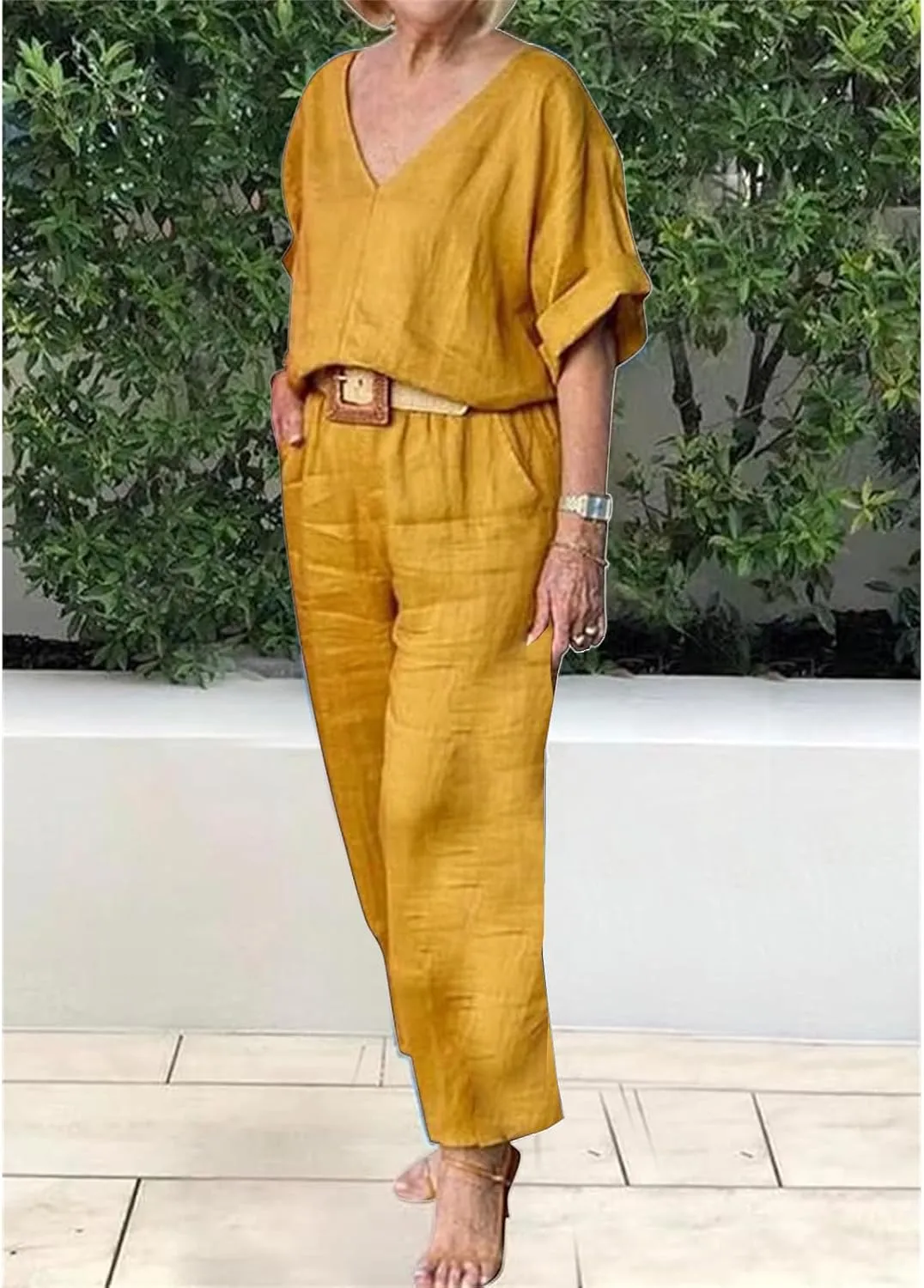 Women's Cotton and Linen Casual Two-Piece Set Summer Oversized Short Sleeve T Shirts V Neck Top Loose Capri Pant Sets