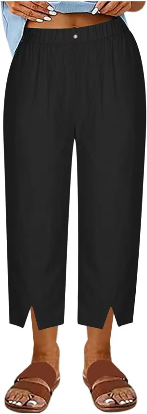 Women's Cotton Linen Capri Pants with Pockets Lightweight Travel Hiking Summer Pant Casual Straight Leg Sweatpants