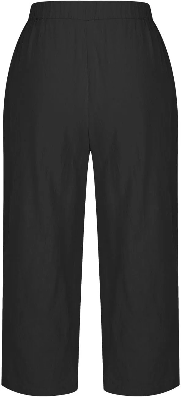 Women's Cotton Linen Capri Pants with Pockets Lightweight Travel Hiking Summer Pant Casual Straight Leg Sweatpants