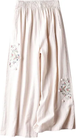 Womens Cotton Linen Pants Button Side Pants Elastic Waist Pants Wide Leg Casual Pants Dressy Pants with Pockets
