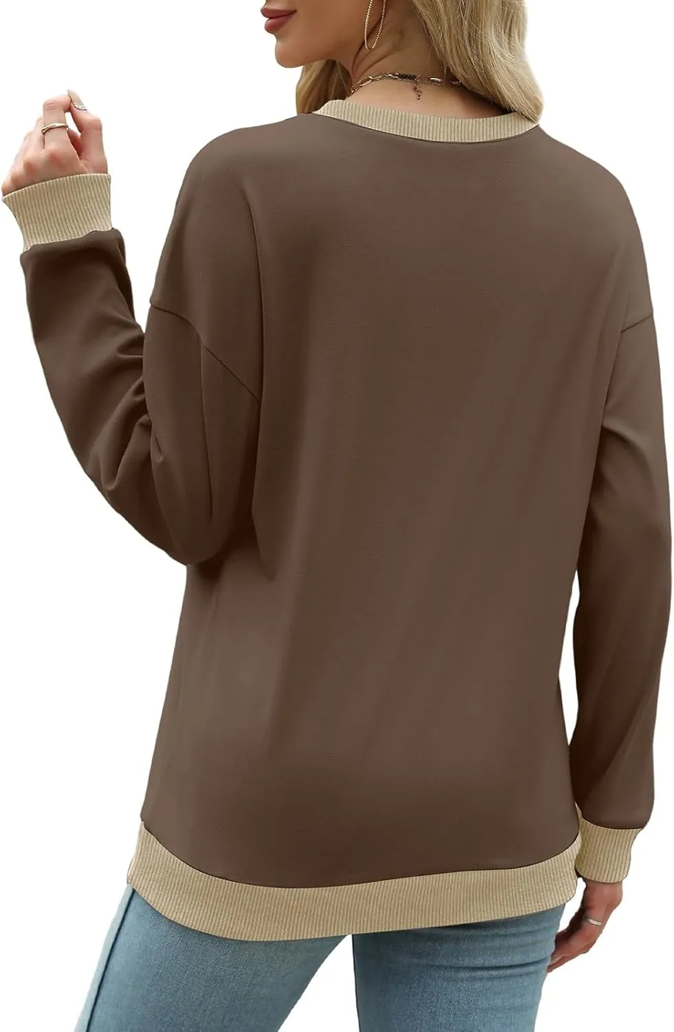 Womens Crewneck Sweatshirts Long Sleeve Tops Color Block Ribbed Trim Fashion 2024 Clothes Outfits For Women 2024