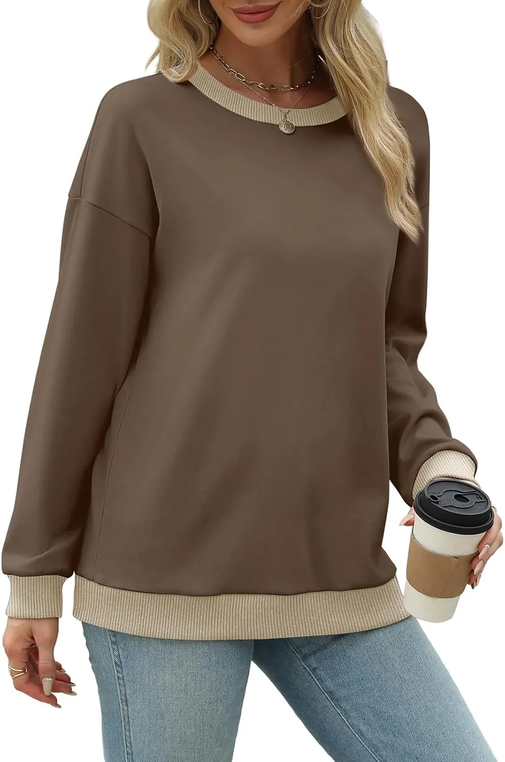 Womens Crewneck Sweatshirts Long Sleeve Tops Color Block Ribbed Trim Fashion 2024 Clothes Outfits For Women 2024