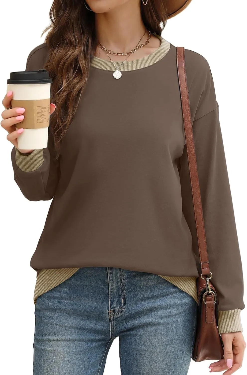 Womens Crewneck Sweatshirts Long Sleeve Tops Color Block Ribbed Trim Fashion 2024 Clothes Outfits For Women 2024