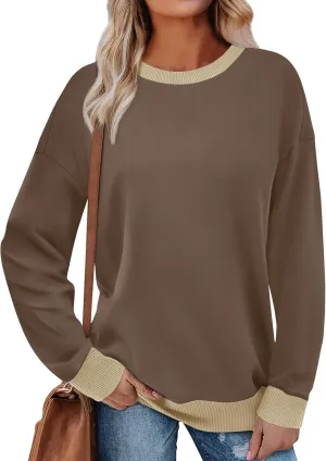Womens Crewneck Sweatshirts Long Sleeve Tops Color Block Ribbed Trim Fashion 2024 Clothes Outfits For Women 2024