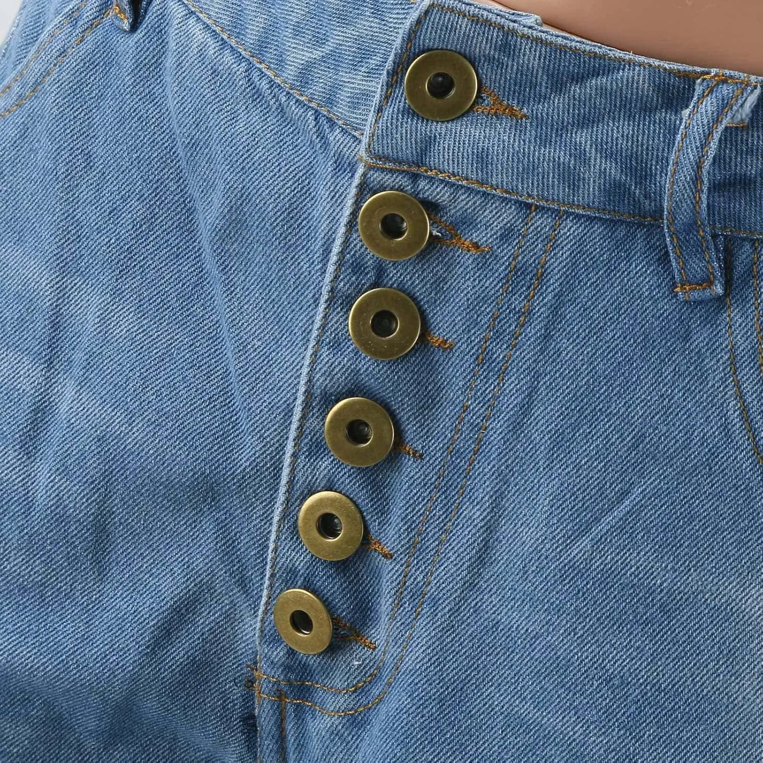Women's Distressed Jeans Solid Loose Washed Ripped Hole High Waist Button with Pocket Jeans Trousers