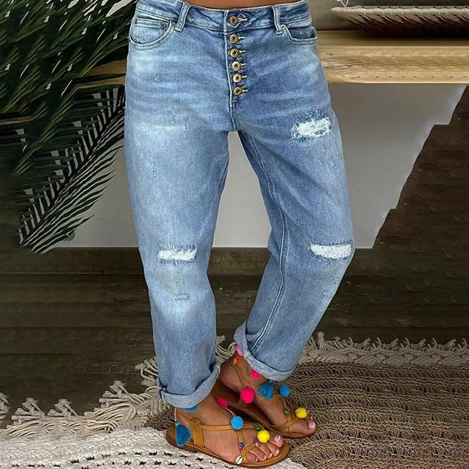 Women's Distressed Jeans Solid Loose Washed Ripped Hole High Waist Button with Pocket Jeans Trousers