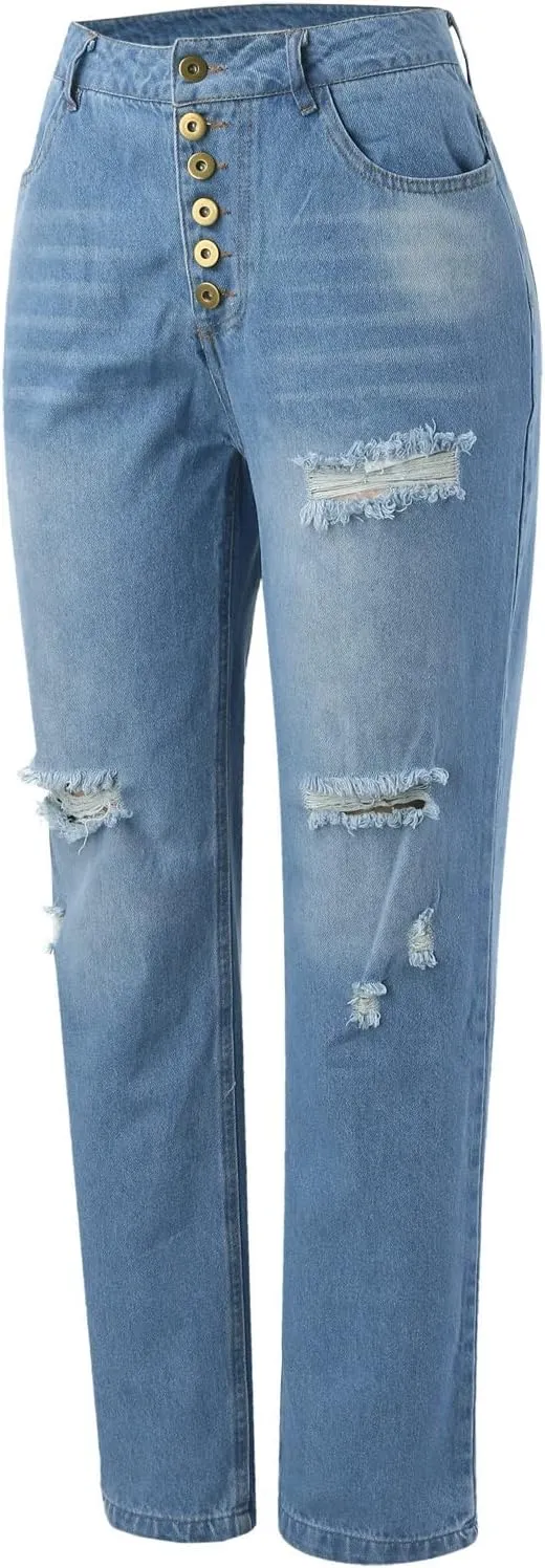 Women's Distressed Jeans Solid Loose Washed Ripped Hole High Waist Button with Pocket Jeans Trousers