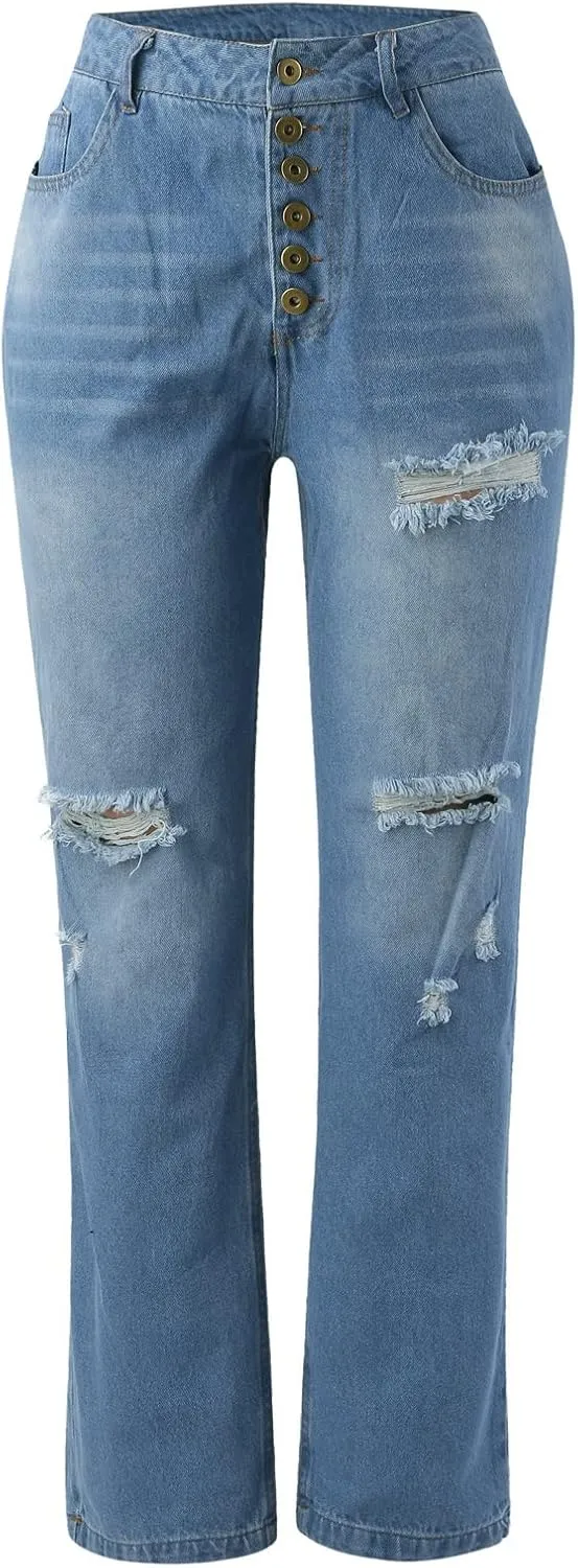 Women's Distressed Jeans Solid Loose Washed Ripped Hole High Waist Button with Pocket Jeans Trousers