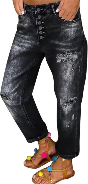Women's Distressed Jeans Solid Loose Washed Ripped Hole High Waist Button with Pocket Jeans Trousers