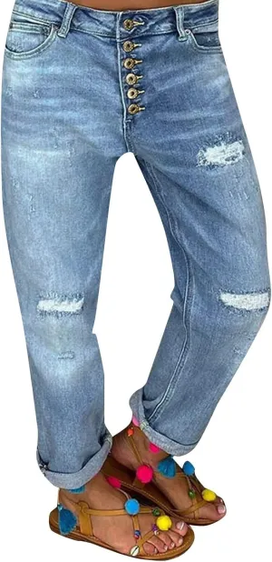 Women's Distressed Jeans Solid Loose Washed Ripped Hole High Waist Button with Pocket Jeans Trousers
