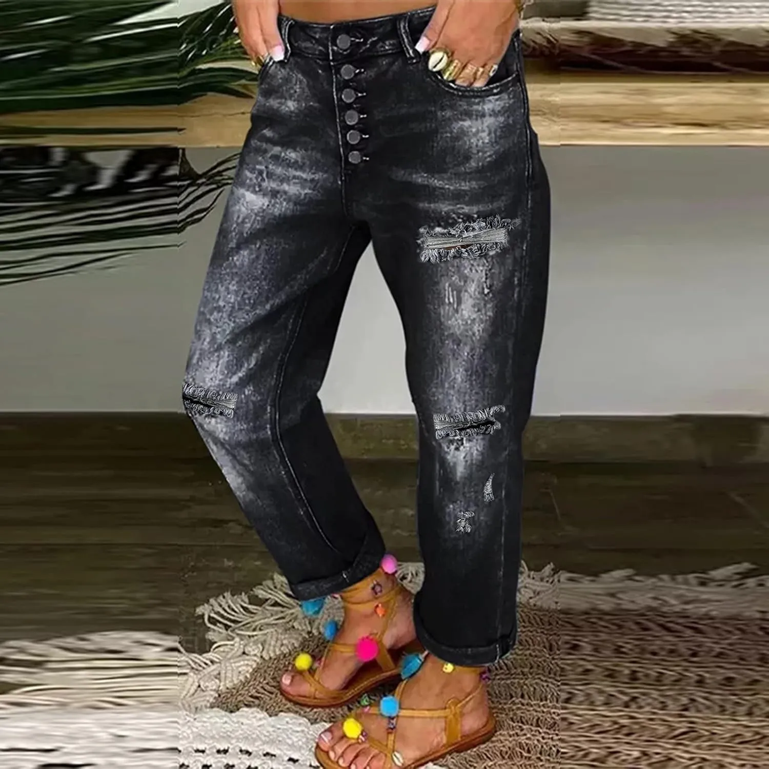 Women's Distressed Jeans Solid Loose Washed Ripped Hole High Waist Button with Pocket Jeans Trousers
