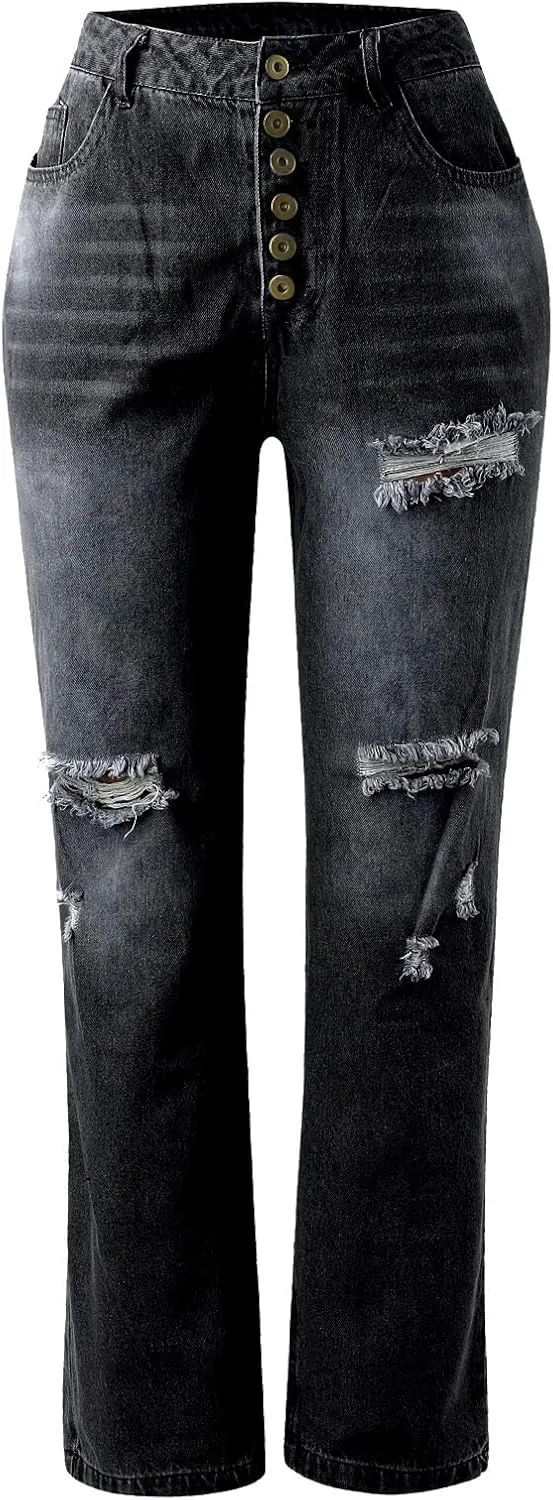 Women's Distressed Jeans Solid Loose Washed Ripped Hole High Waist Button with Pocket Jeans Trousers
