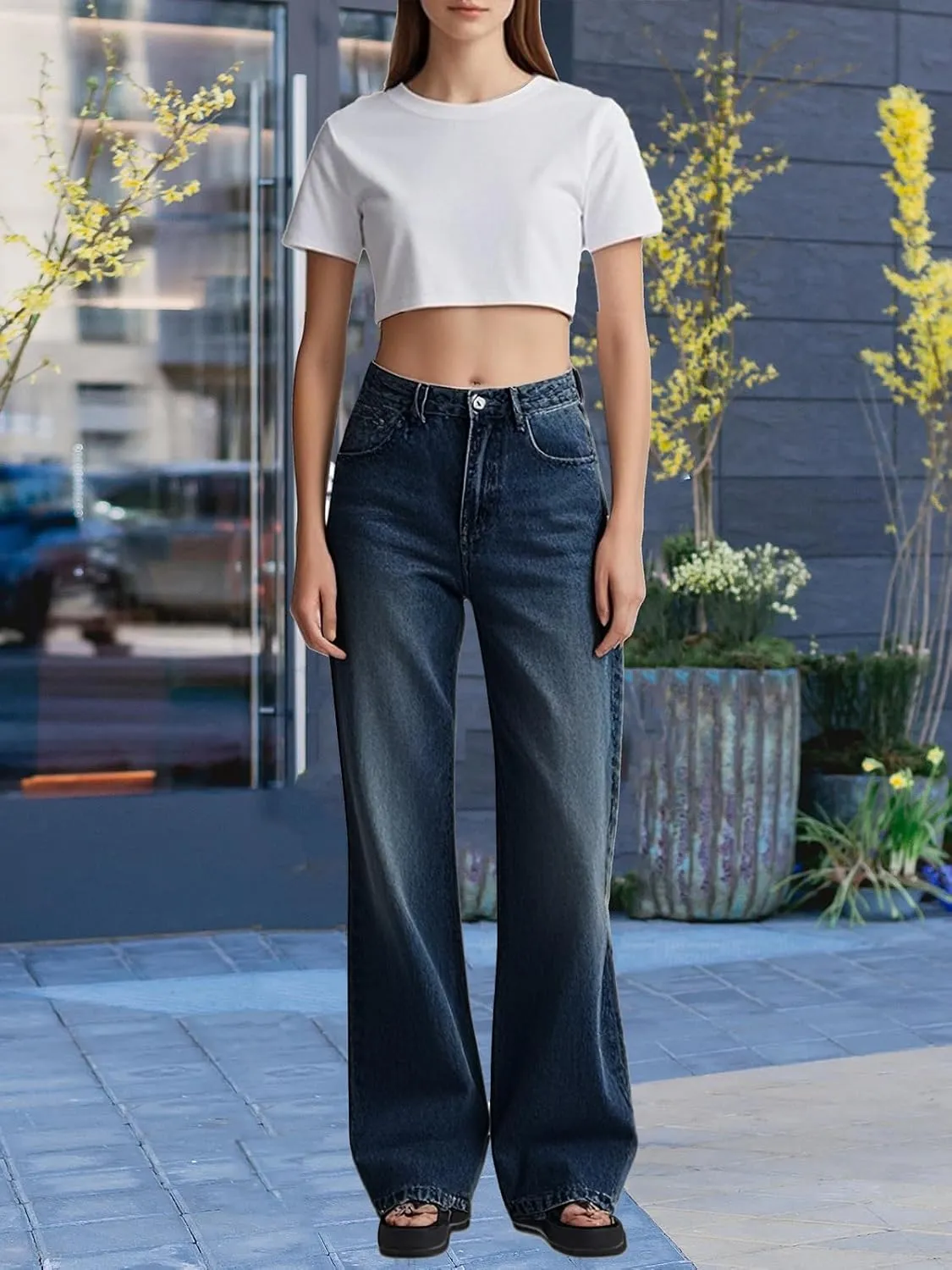Women's Drawstring Wide Leg Jeans High Elastic Waisted Stretch Frayed Loose Fit Trouser Jeans Denim Pants