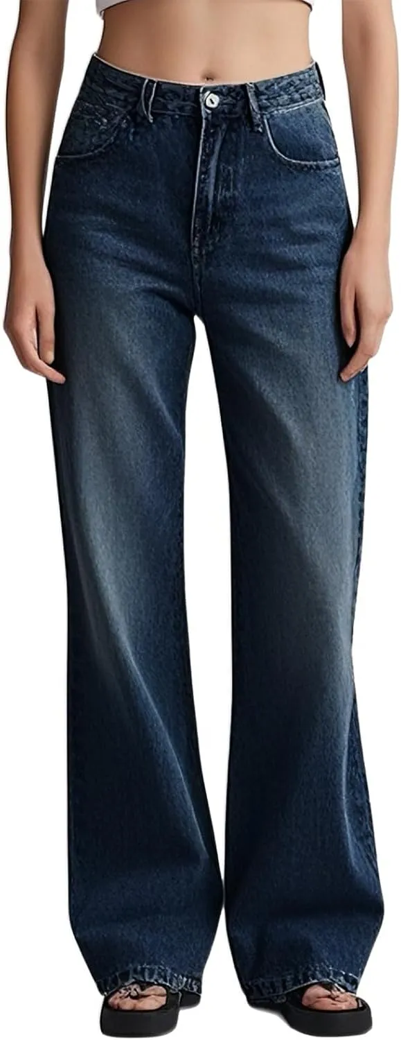 Women's Drawstring Wide Leg Jeans High Elastic Waisted Stretch Frayed Loose Fit Trouser Jeans Denim Pants
