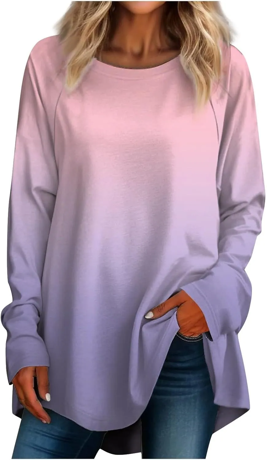 Women's Fall Long Sleeve T-Shirts Crewneck Gradient Printing Tops Oversize Outfits Blouse Sweatshirt 2024