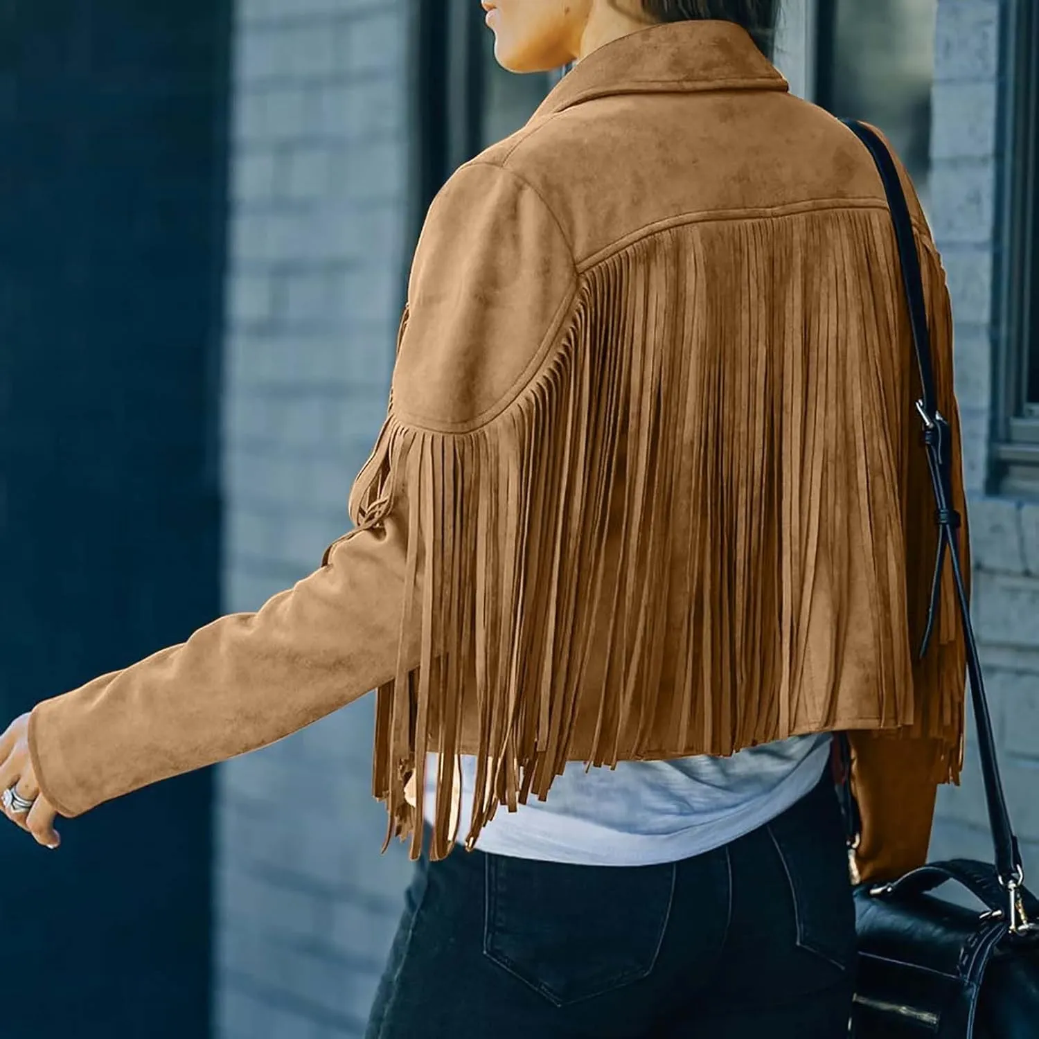 Womens Faux Suede Leather Jacket Fashion Fringe Cropped Coat Solid Motorcycle Outwear Casual Tassels Cardigan